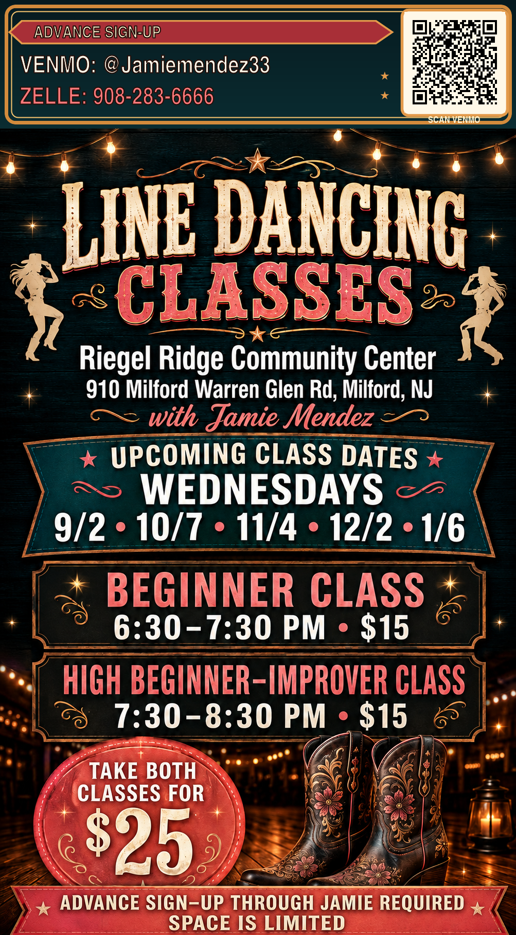 Country line dance event at Riegel Ridge Community Center with live music, beginner lessons, and open dance nights.